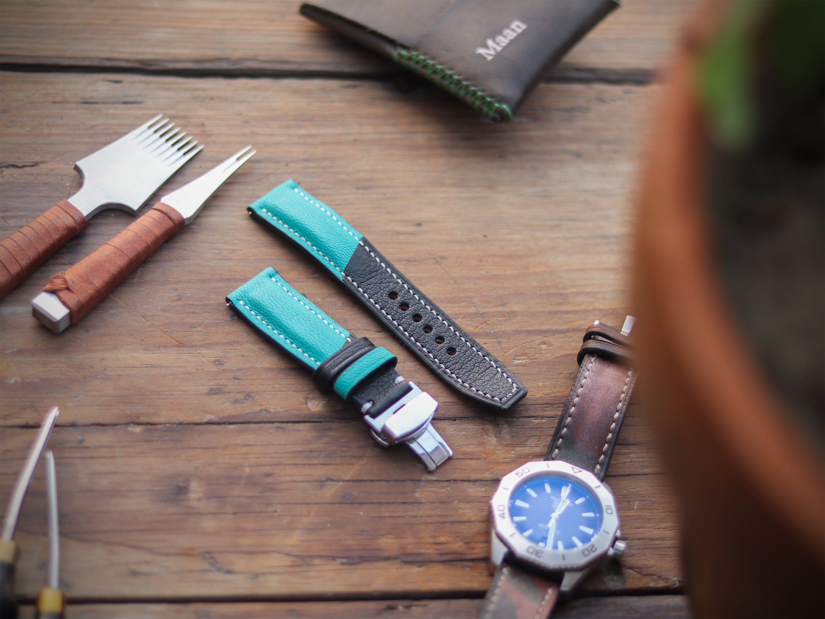CYAN BLUE & BLACK ITALIAN CHEVRE LEATHER WATCH STRAPS - PADDED